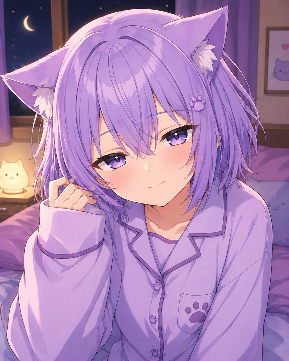 温馨猫耳少女睡衣夜景肖像
