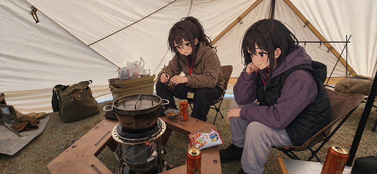 冬日帐篷里的动漫露营者
